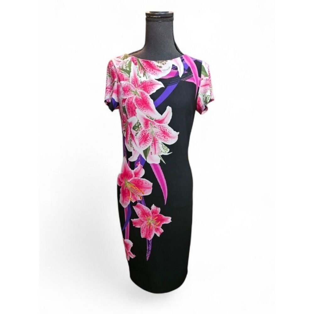 Frank Lyman Design Black Midi Dress with Pink Floral Print Size 6